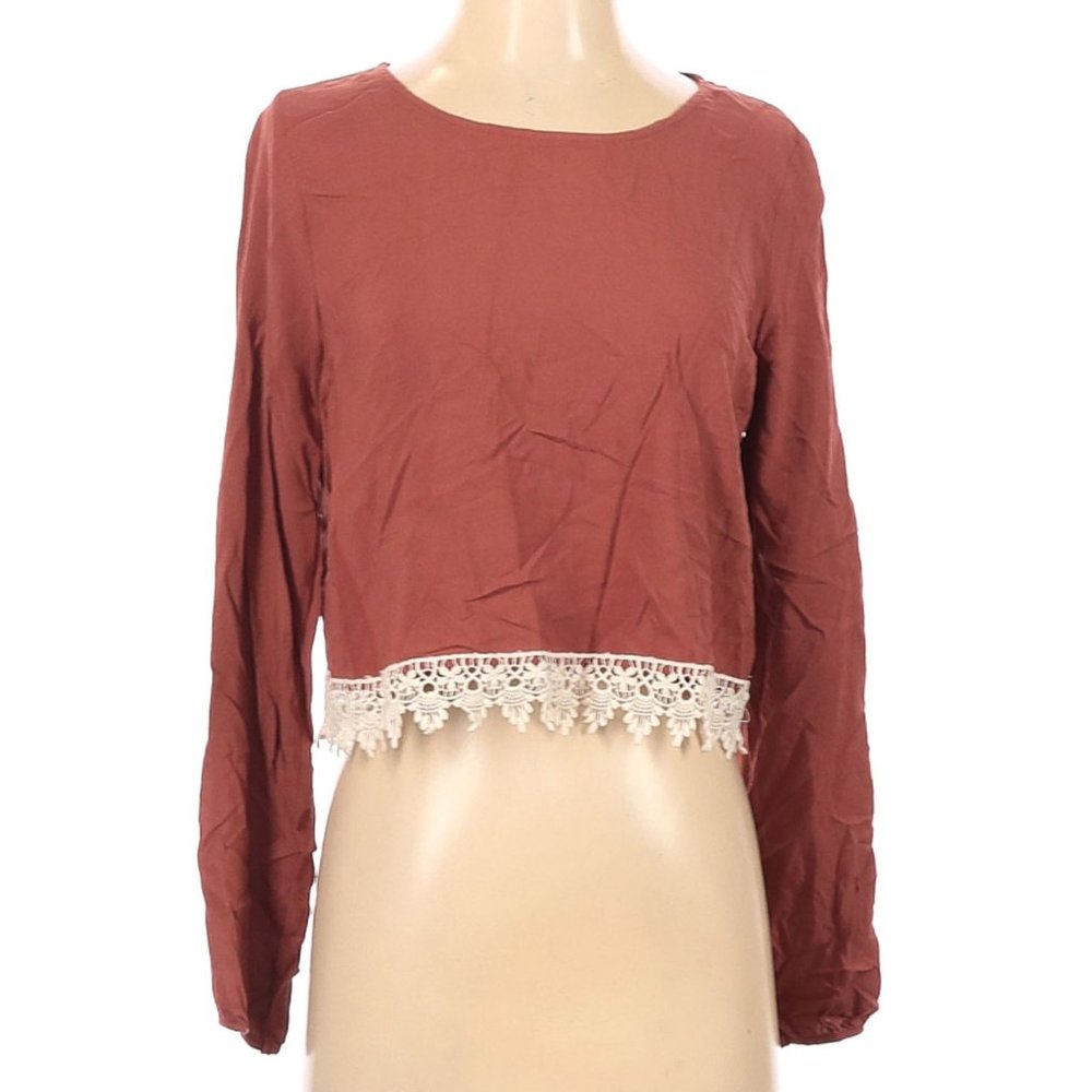 Forever 21 Rust Lace-Hem Boho Blouse | Long Sleeve | Size S - Picture 2 of 11